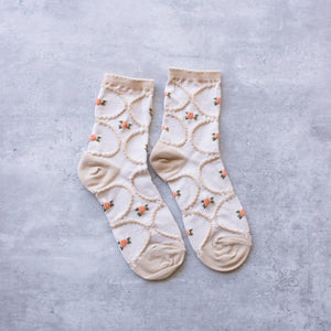 Women's Antique Floral Casual Socks: Ivory/Yellow