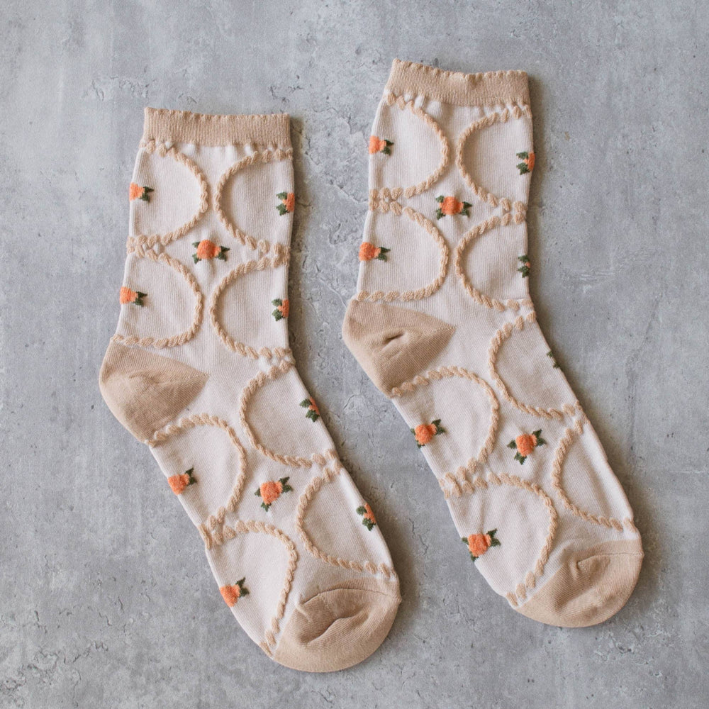 Women's Antique Floral Casual Socks: Beige/Coral