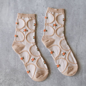 Women's Antique Floral Casual Socks: Beige/Coral