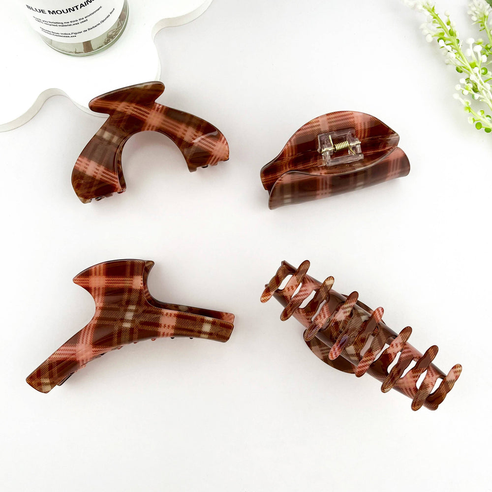 Brown & Pink Plaid Multi-Shape Hair Claw Clip