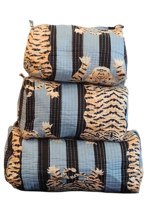 Grey & Black Tiger Cotton Quilted Makeup Bag/Cosmetic Bag: Set of 3