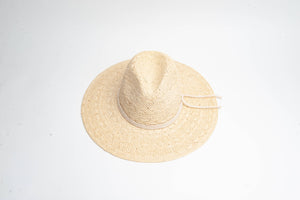 Straw fedora wide brim hat with rope trim in Ivory