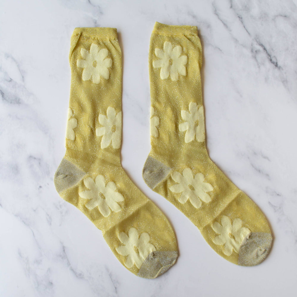 Vintage Glitter Flower Socks: Mustard