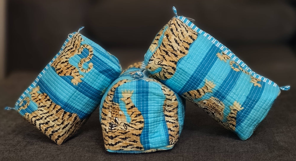 Turquoise Blue Tiger Cotton Quilted Makeup Bag/Cosmetic Bag: Set of 3