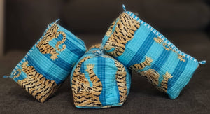 Turquoise Blue Tiger Cotton Quilted Makeup Bag/Cosmetic Bag: Set of 3
