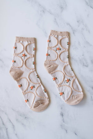Women's Antique Floral Casual Socks: Ivory/Yellow